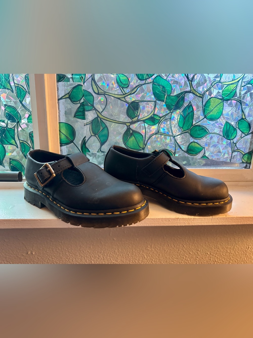 Dr. Martens Black Mary Jane Shoes with Yellow Stitching